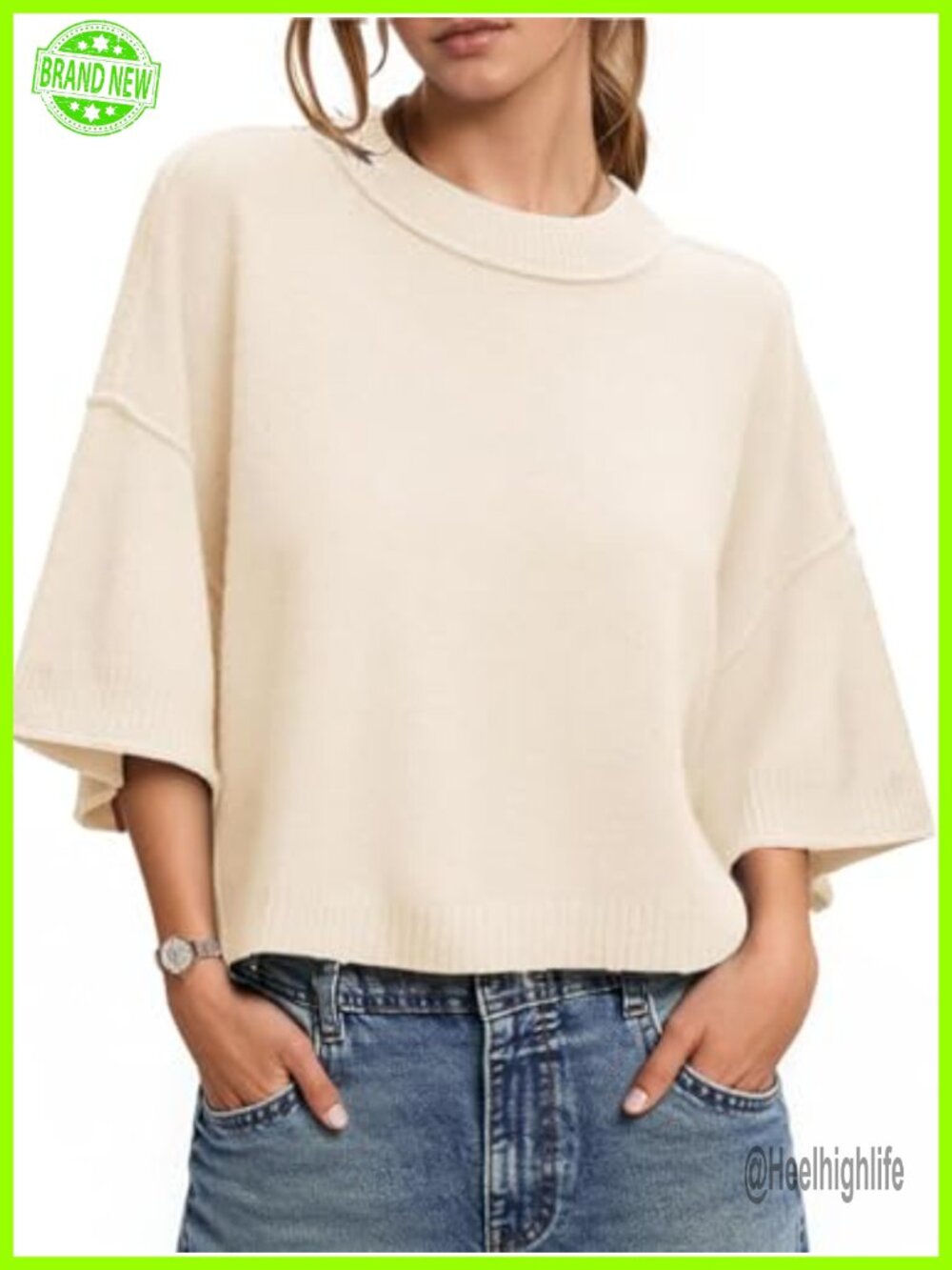 Women's Cropped Knit Sweater 3/4 Sleeve Lightweight Loose Pullover Top